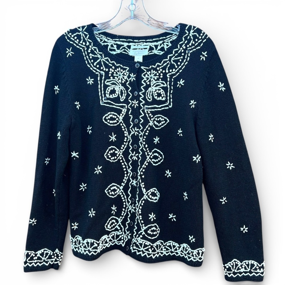 Christopher & Banks Black Cardigan with White Embroidery